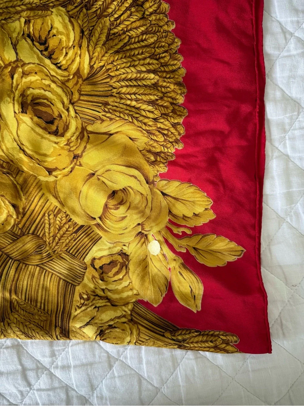 CHANEL Red and Gold Floral Silk Scarf
